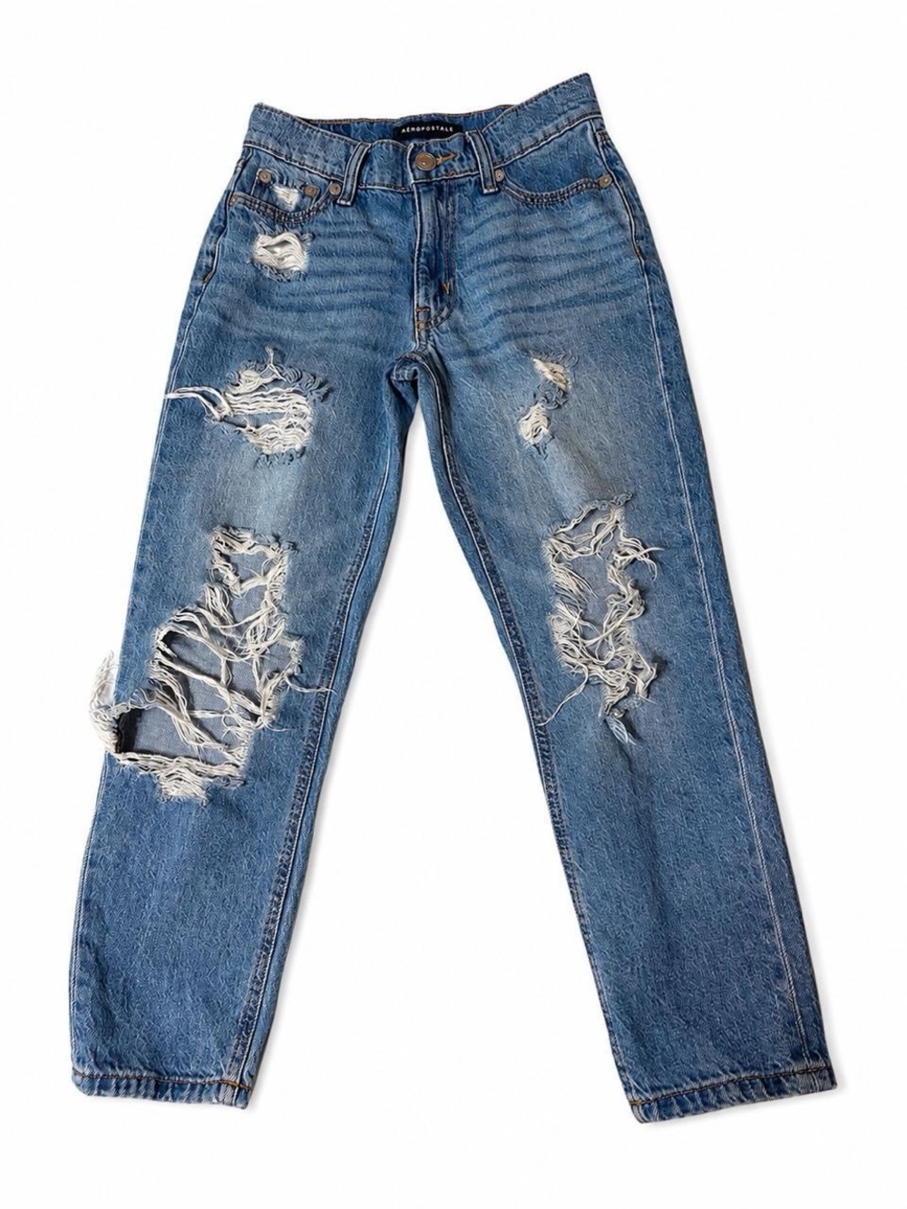 Aeropostale Women's Ripped Medium Blue High-Rise Boyfriend Jeans